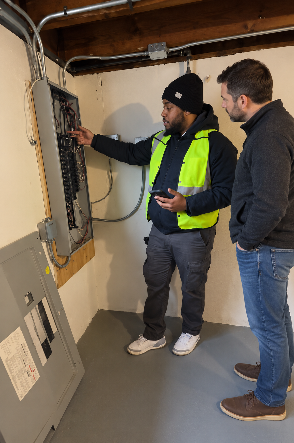 Oversee inspector discussing an electrical panel with a client